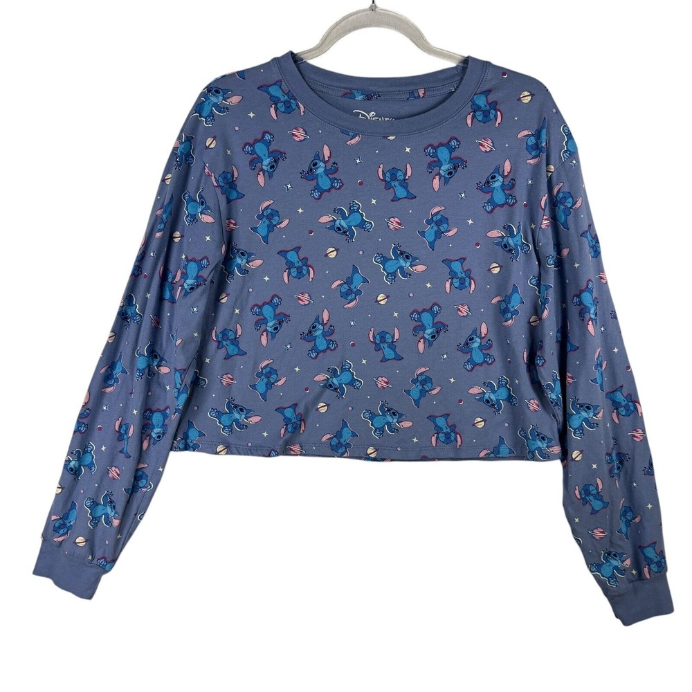 Disney Stitch Graphic Crop Top Long Sleeve Shirt All Over Print L Space‎ Planets